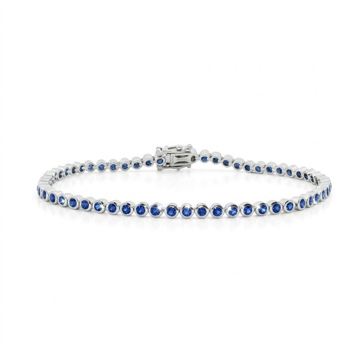 Blue Sapphire Tennis Bracelet | 14K White Gold | Round Blue Sapphire Bezel-Set Bracelet | Classic Stackable Gemstone Bracelet - Brownee Jewelers