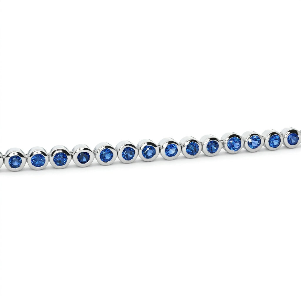 Blue Sapphire Tennis Bracelet | 14K White Gold | Round Blue Sapphire Bezel-Set Bracelet | Classic Stackable Gemstone Bracelet - Brownee Jewelers