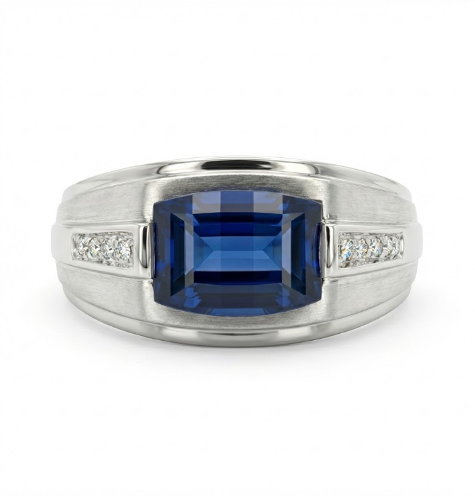 10K White Gold Cushion Blue Sapphire & Diamond Gentlemen’s Ring – Size 10.5