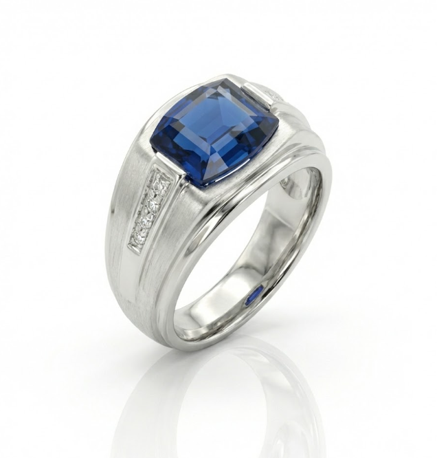 10K White Gold Cushion Blue Sapphire & Diamond Gentlemen’s Ring – Size 10.5