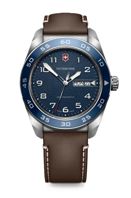VictorInox Swiss Army Watch with a Stainless Steel Blue Dial, Brown Leather Strap, and 42mm Case
