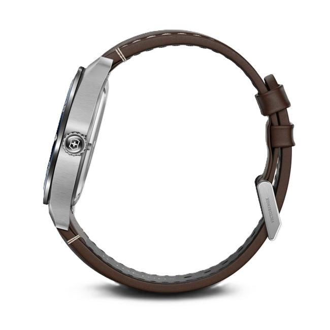VictorInox Swiss Army Watch with a Stainless Steel Blue Dial, Brown Leather Strap, and 42mm Case