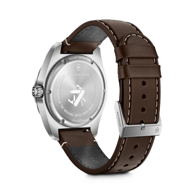 VictorInox Swiss Army Watch with a Stainless Steel Blue Dial, Brown Leather Strap, and 42mm Case