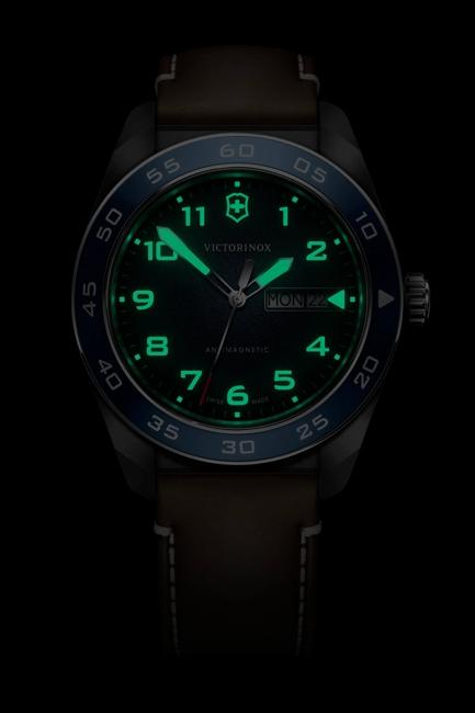 VictorInox Swiss Army Watch with a Stainless Steel Blue Dial, Brown Leather Strap, and 42mm Case