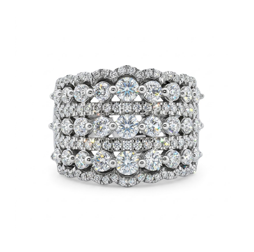 Round Diamond Scalloped Wide Band | 10K White Gold | Multi-Row Statement Ring - Brownee Jewelers