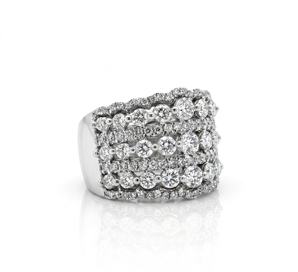 Round Diamond Scalloped Wide Band | 10K White Gold | Multi-Row Statement Ring - Brownee Jewelers