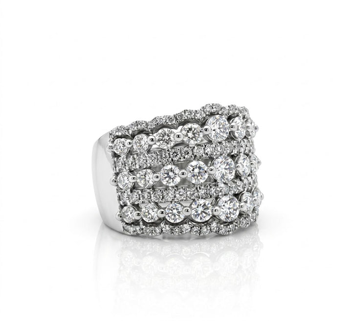 Round Diamond Scalloped Wide Band | 10K White Gold | Multi-Row Statement Ring - Brownee Jewelers