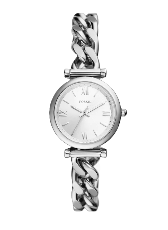 Carlie Mini Three-Hand Watch | Fossil | Stainless Steel | Chain-Link Bracelet | Silver Dial - Brownee Jewelers