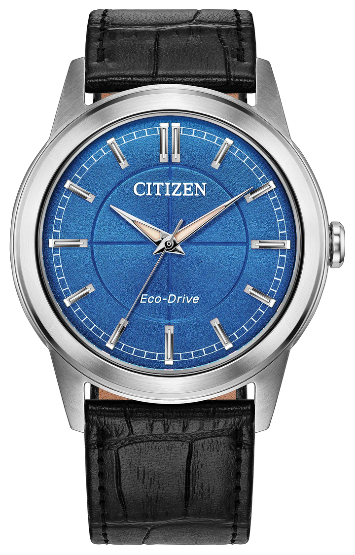 Citizen Eco-Drive Watch | Stainless Steel | Blue Dial | Black Leather Strap | Unisex Solar-Powered Watch | FE7130-01L - Brownee Jewelers