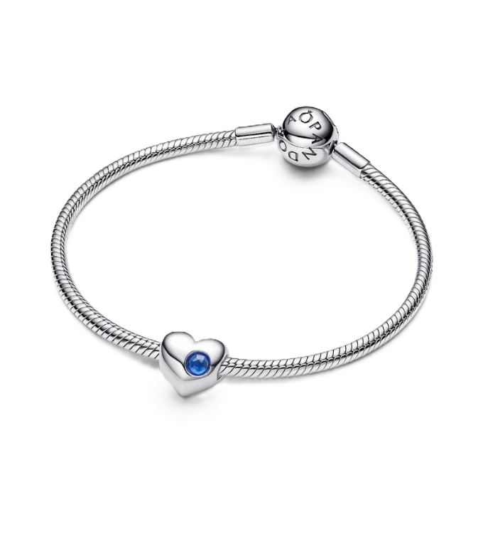 Pandora September Birthstone Heart Charm in Sterling Silver with a Blue Man-Made Crystal