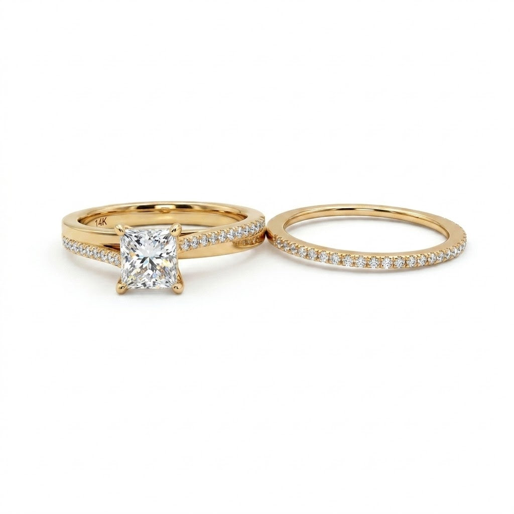 Princess Cut Lab-Grown Diamond Bridal Set | 14K Yellow Gold | Pavé Diamond Engagement Ring Set | 1.01 CT Center - Brownee Jewelers