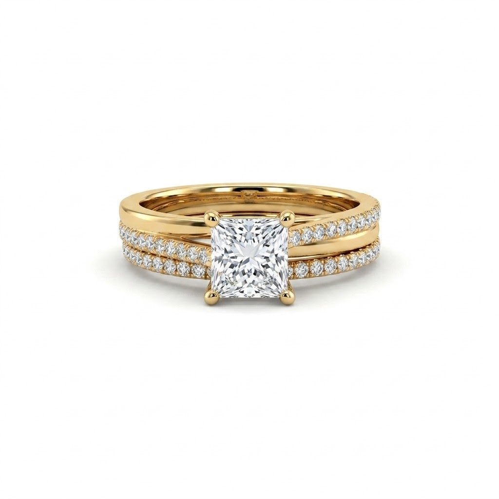 Princess Cut Lab-Grown Diamond Bridal Set | 14K Yellow Gold | Pavé Diamond Engagement Ring Set | 1.01 CT Center - Brownee Jewelers