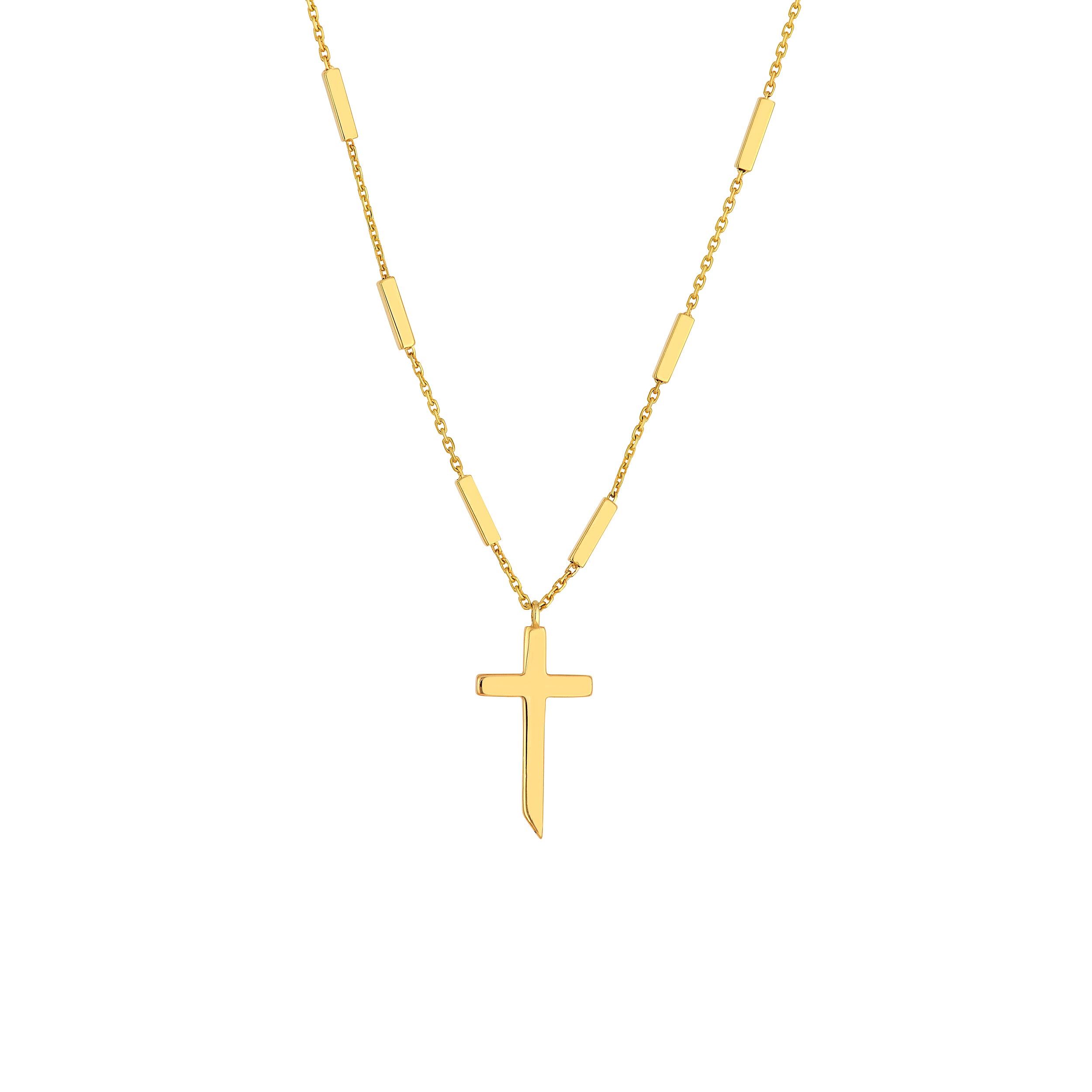 14K Yellow Gold Bar Station Cross Necklace Adjustable 18 Inch