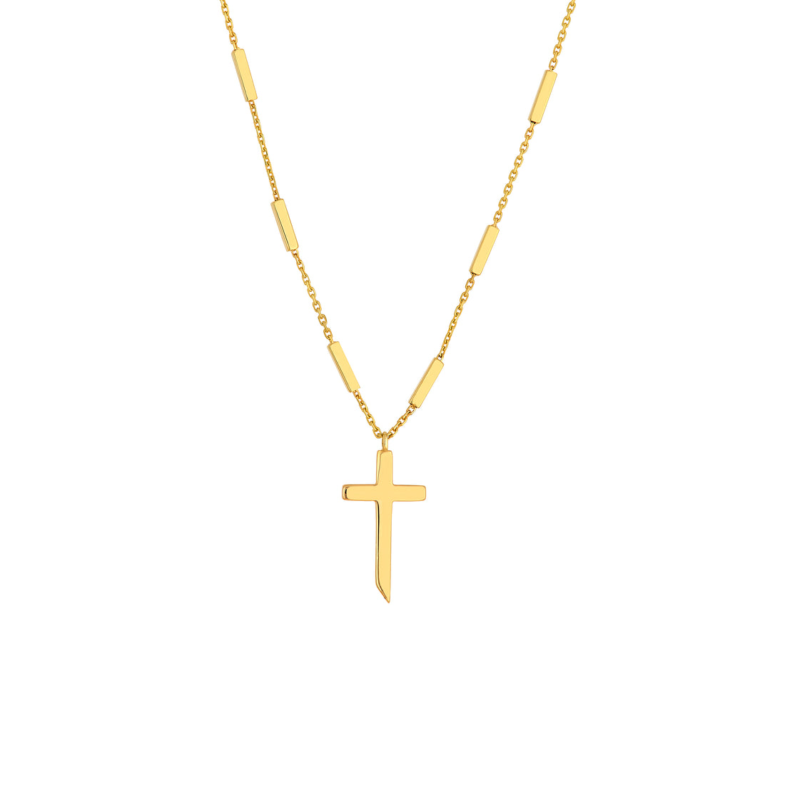 14K Yellow Gold Bar Station Cross Necklace Adjustable 18 Inch