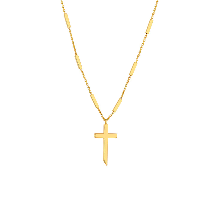 Bar Station Cross Necklace | 14K Yellow Gold | Cross Pendant Necklace | Adjustable 18 Inches | Bar Station Chain - Brownee Jewelers