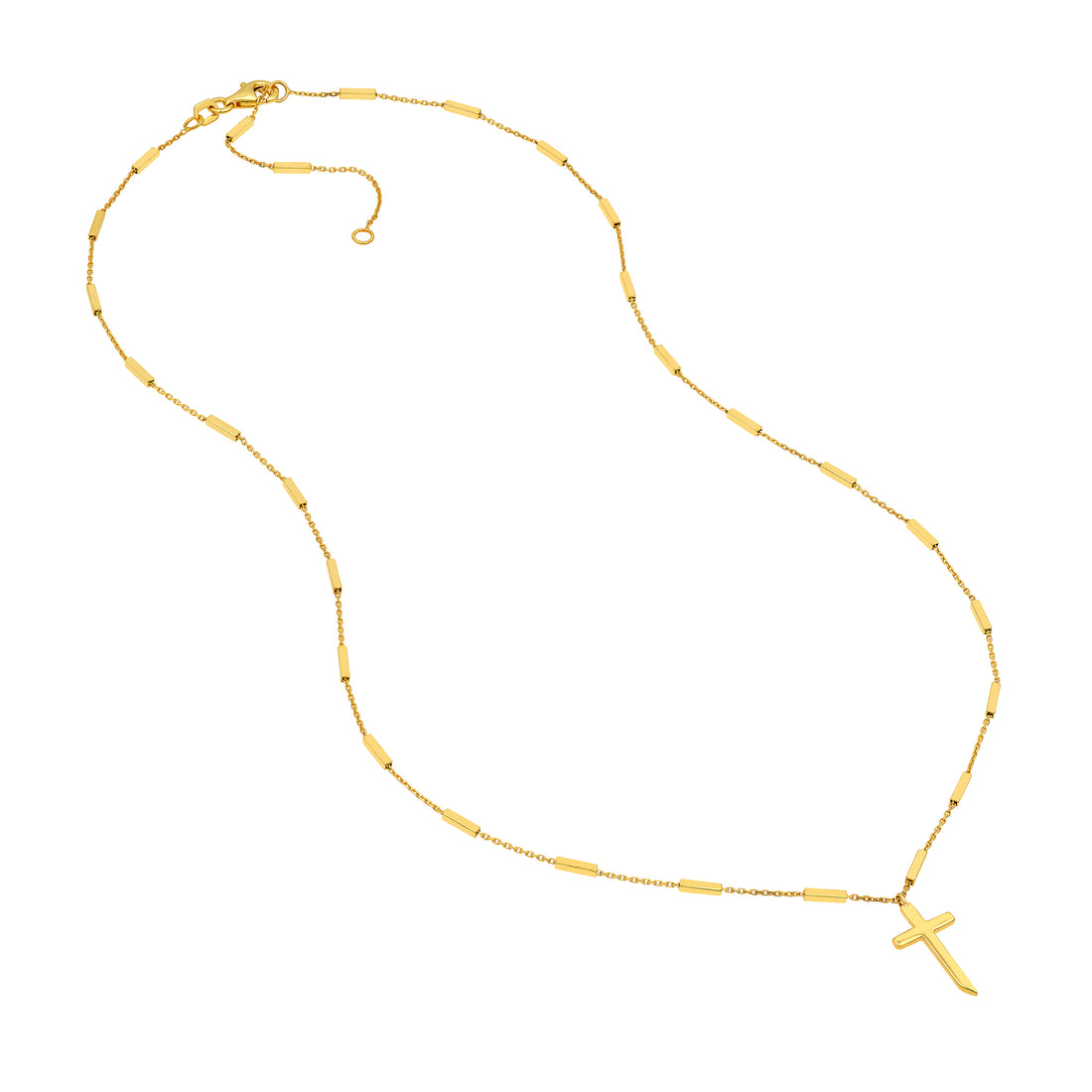 14K Yellow Gold Bar Station Cross Necklace Adjustable 18 Inch