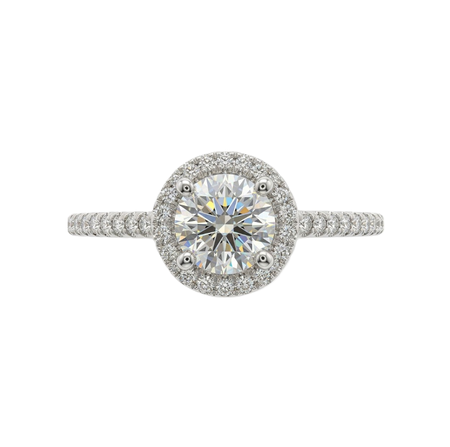 Round Lab-Grown Diamond Halo Ring | 14K White Gold | Engagement Ring | 0.75 ct Center | 1.01 ctw | Pavé Band - Brownee Jewelers