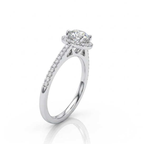 Round Lab-Grown Diamond Halo Ring | 14K White Gold | Engagement Ring | 0.75 ct Center | 1.01 ctw | Pavé Band - Brownee Jewelers