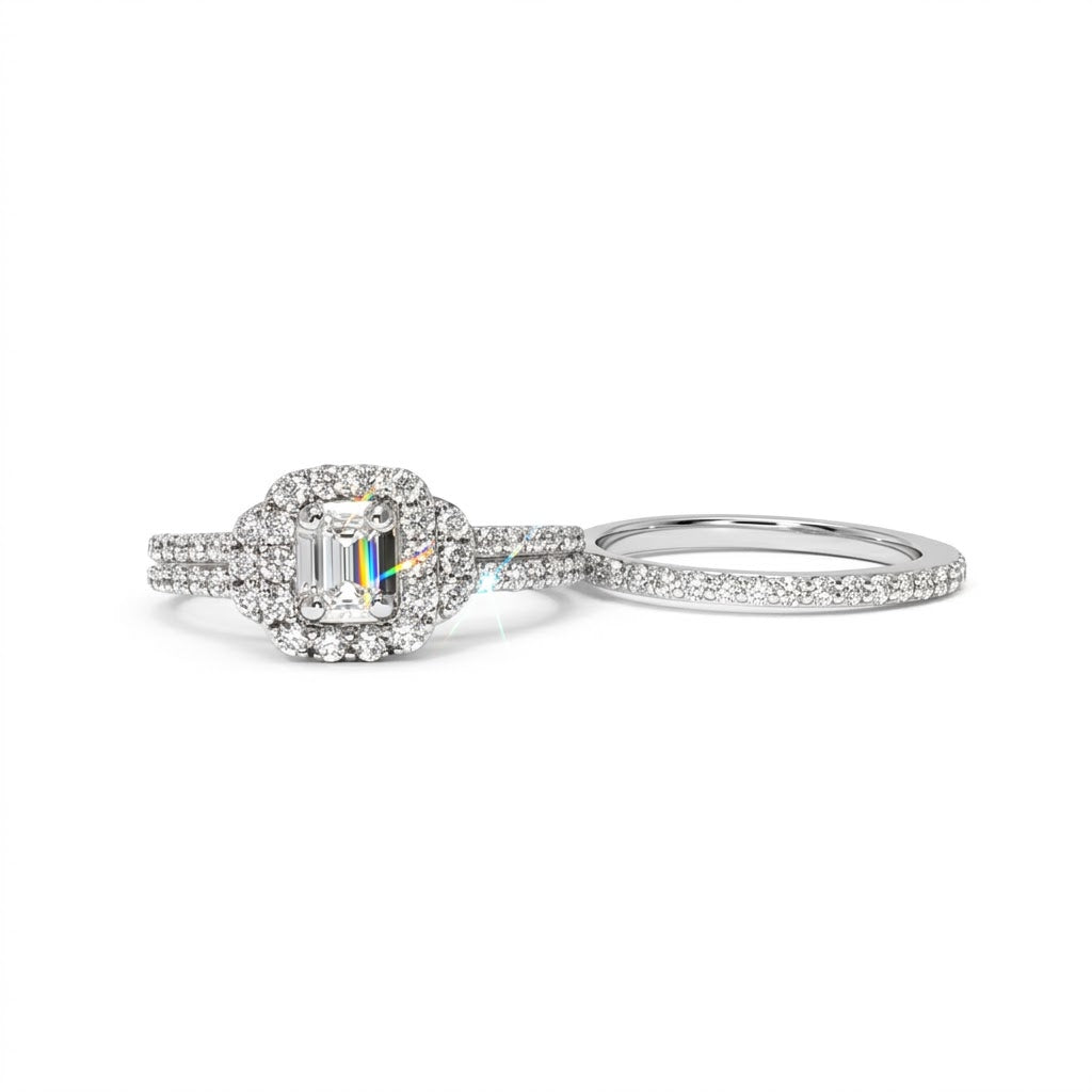 Emerald-Cut Diamond Halo Bridal Set | 14K White Gold | 0.26 CT Center Diamond | Vintage-Inspired Diamond Bridal Set - Brownee Jewelers