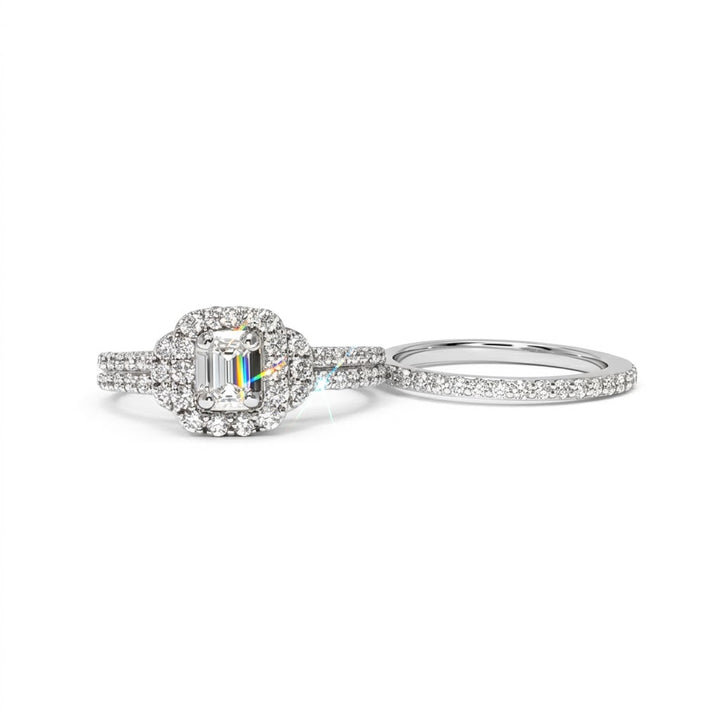 Emerald-Cut Diamond Halo Bridal Set | 14K White Gold | 0.26 CT Center Diamond | Vintage-Inspired Diamond Bridal Set - Brownee Jewelers