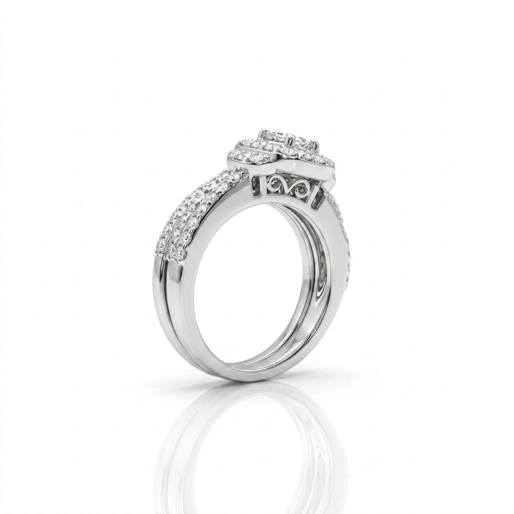 Emerald-Cut Diamond Halo Bridal Set | 14K White Gold | 0.26 CT Center Diamond | Vintage-Inspired Diamond Bridal Set - Brownee Jewelers