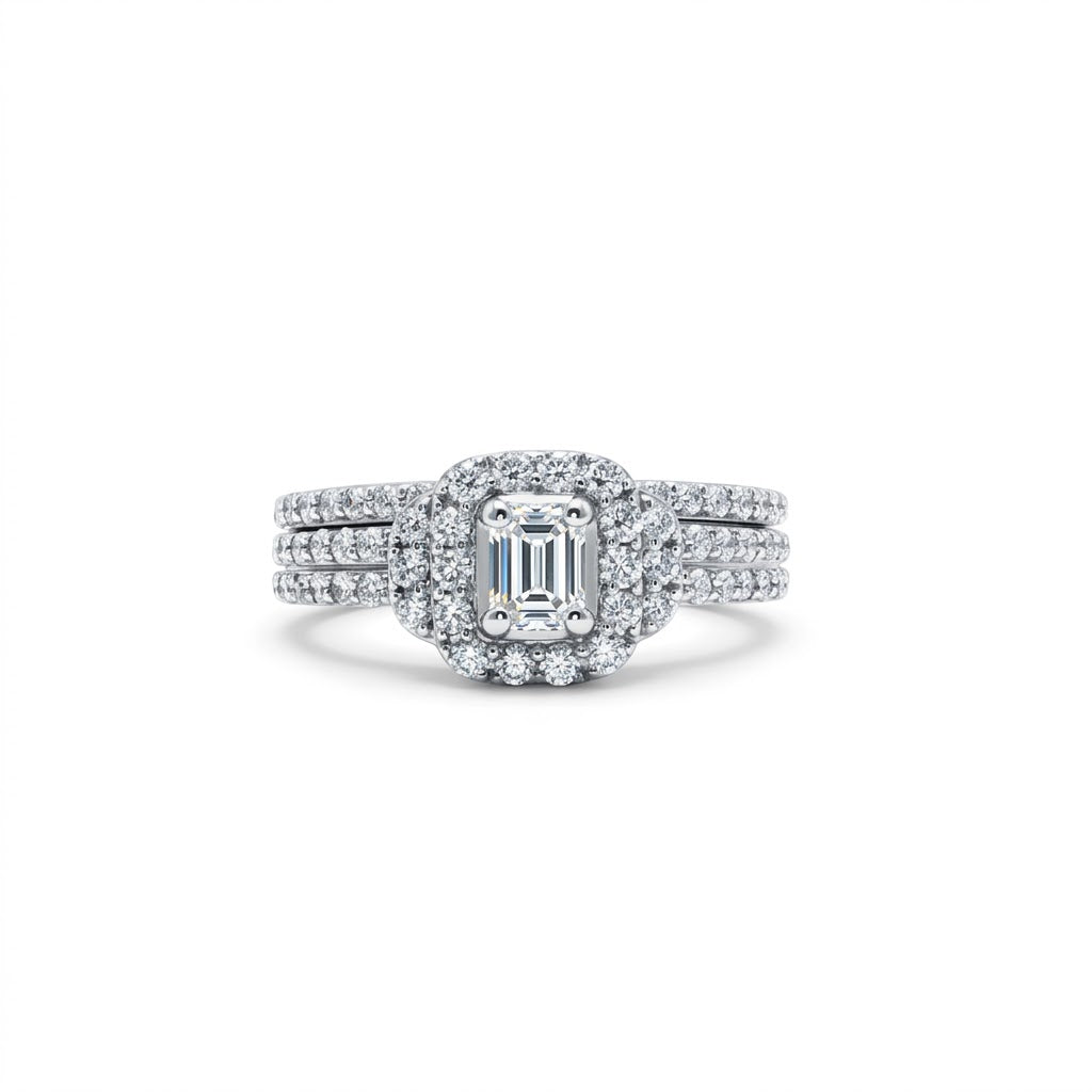 Emerald-Cut Diamond Halo Bridal Set | 14K White Gold | 0.26 CT Center Diamond | Vintage-Inspired Diamond Bridal Set - Brownee Jewelers