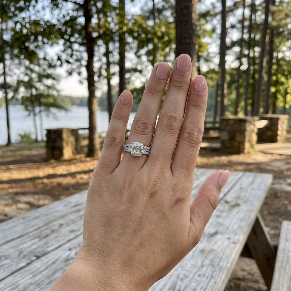 Emerald-Cut Diamond Halo Bridal Set | 14K White Gold | 0.26 CT Center Diamond | Vintage-Inspired Diamond Bridal Set - Brownee Jewelers