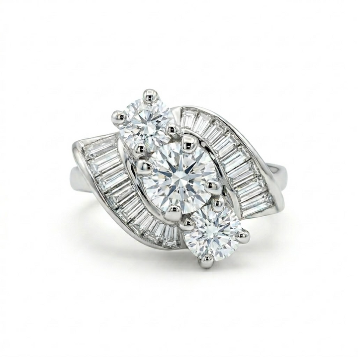 Round & Baguette Diamond Ring | 14K White Gold | 0.72 ctw | Cluster Three-Stone Style | Statement Ring - Brownee Jewelers