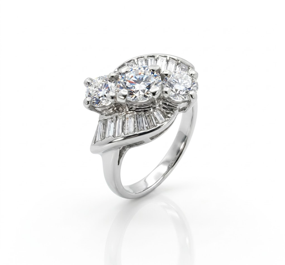 Round & Baguette Diamond Ring | 14K White Gold | 0.72 ctw | Cluster Three-Stone Style | Statement Ring - Brownee Jewelers