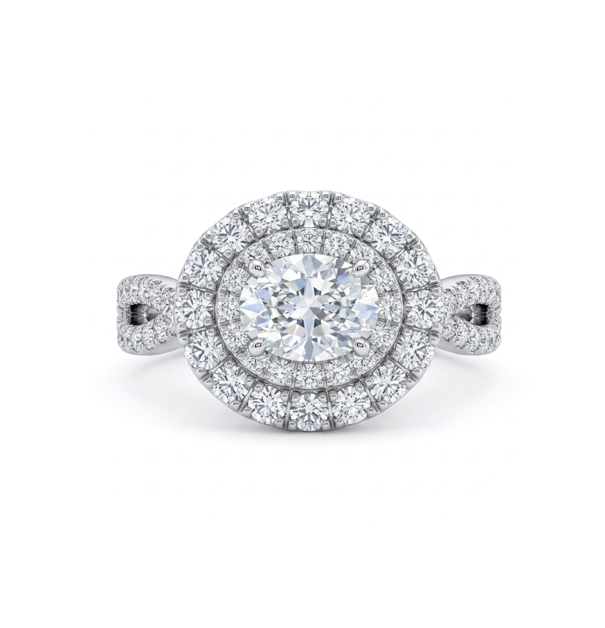Oval Center Diamond with Double Halo Diamond Ring in 14K White Gold