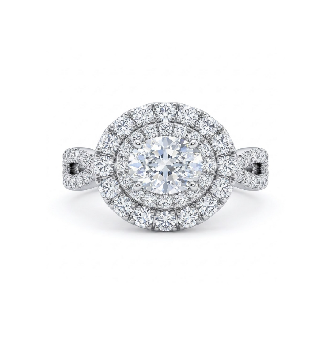 Oval Center Diamond with Double Halo Diamond Ring in 14K White Gold