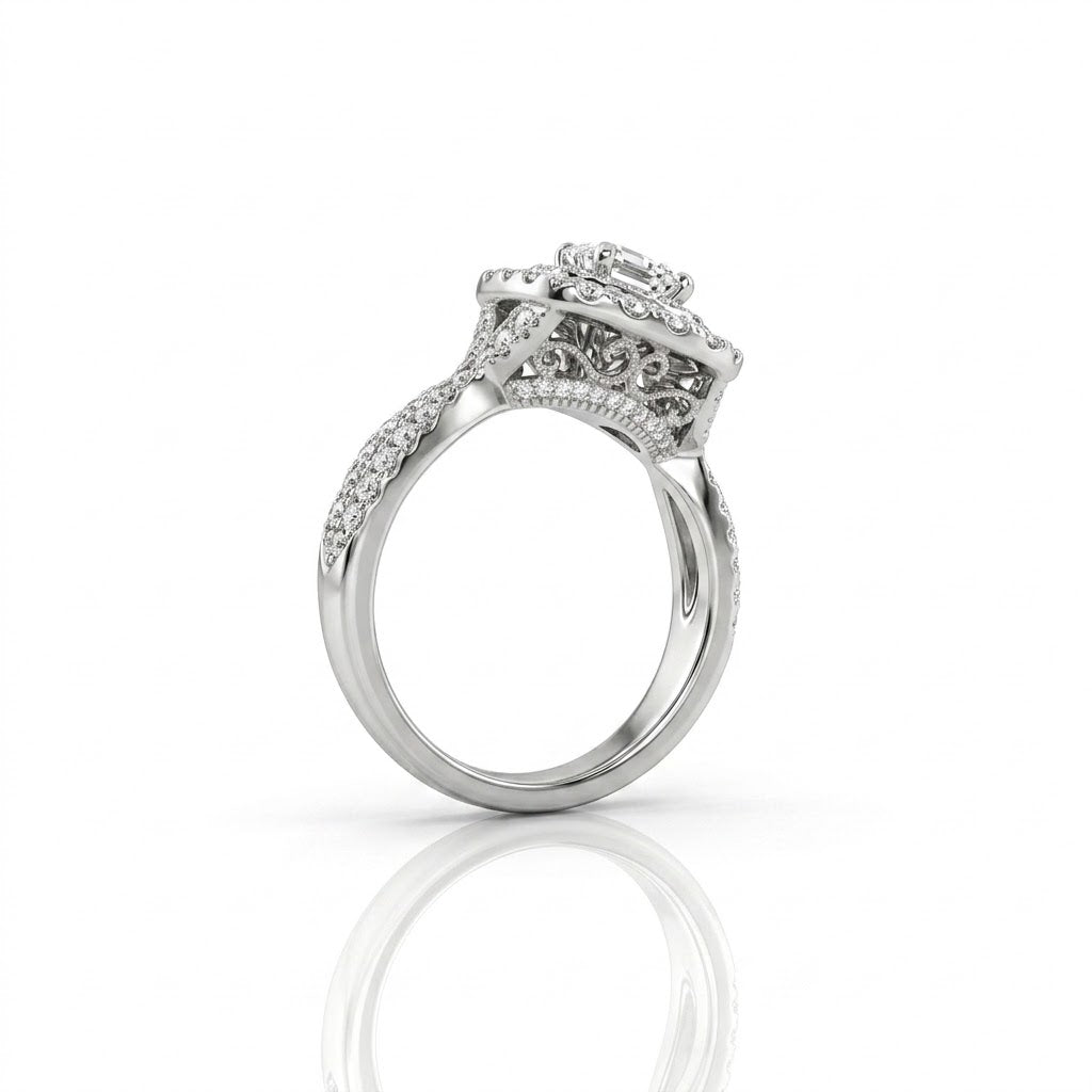 Oval Center Diamond with Double Halo Diamond Ring in 14K White Gold