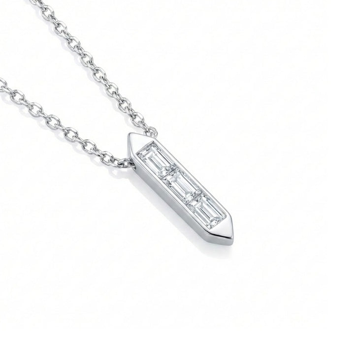 Baguette Diamond Bar Necklace | 14K White Gold | 3 Baguette Diamonds | Vertical Pendant - Brownee Jewelers