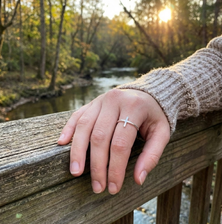 Small Cross Ring | 14K White Gold | Minimalist Faith Ring | Size 7 - Brownee Jewelers