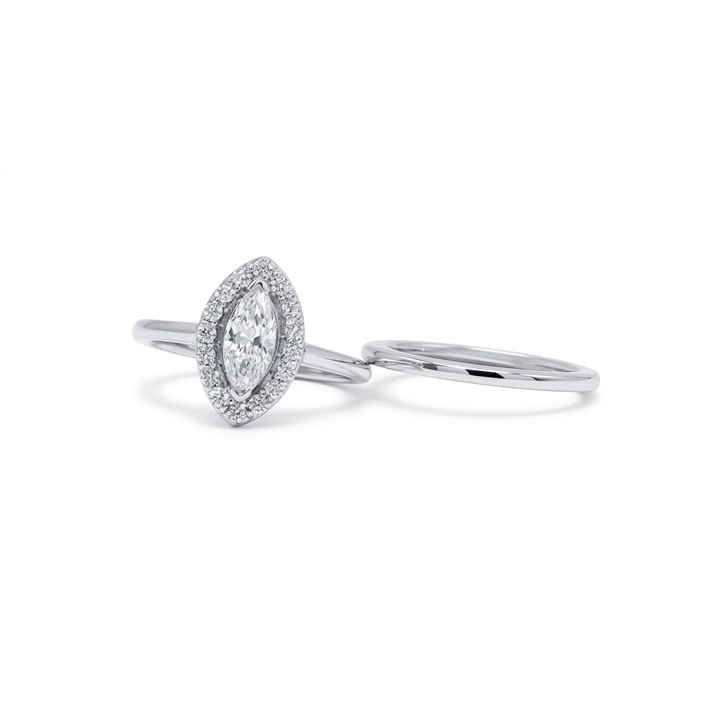0.6 Carat Center Marquise Diamond Halo Engagement Ring with Matching Polished Wedding Band all in 14K White Gold