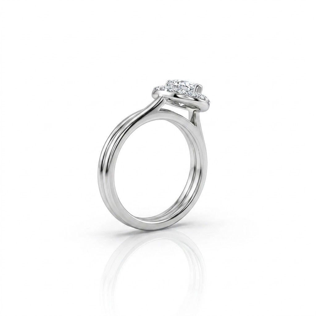 0.6 Carat Center Marquise Diamond Halo Engagement Ring with Matching Polished Wedding Band all in 14K White Gold