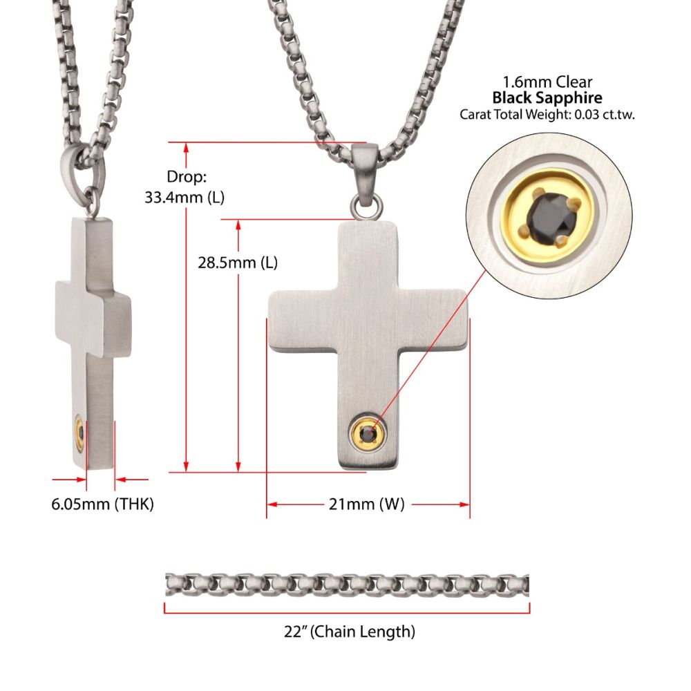 1.6mm Genuine Black Sapphire Gem on Matte Finish Steel Engravable Compact Cross Vulcan Pendant