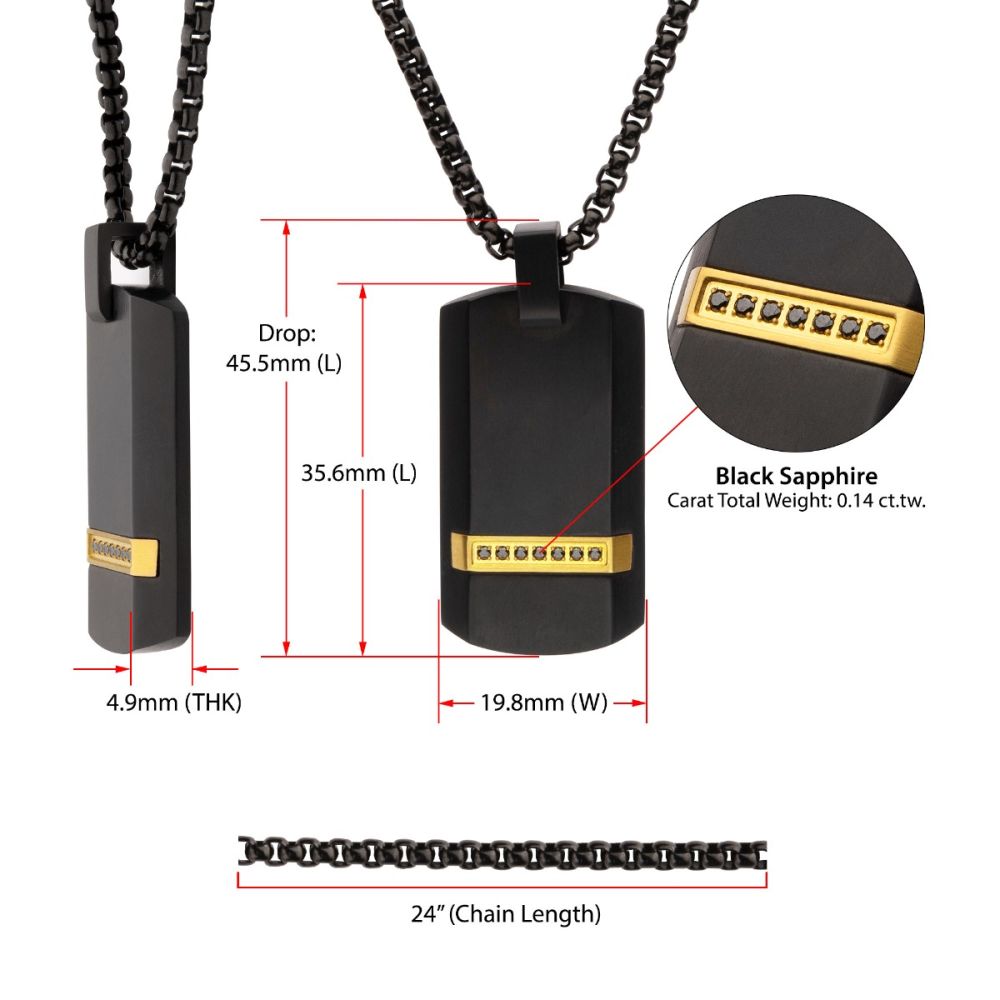Black IP Steel Genuine Black Sapphire Gem Dog Tag Pendant with Box Chain