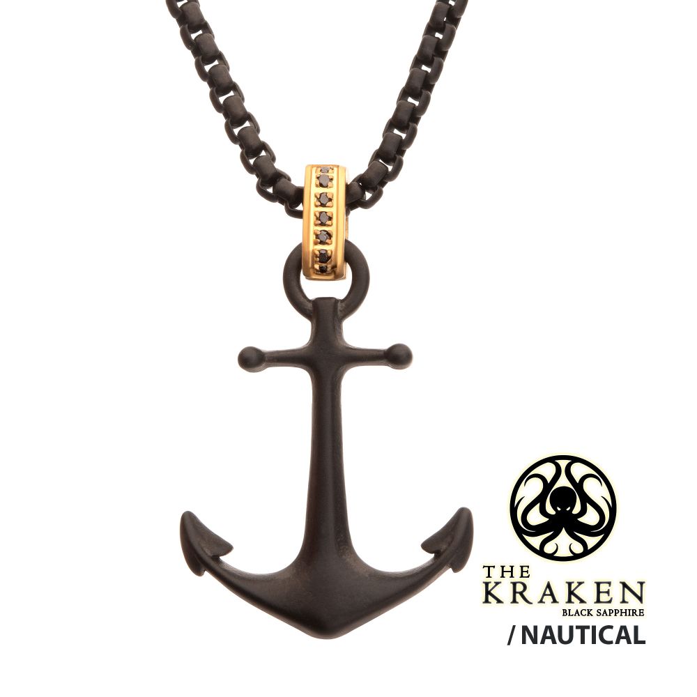 Black IP Steel Matte Finish Kraken Anchor Pendant with Golden Glint of Black Sapphire Bail