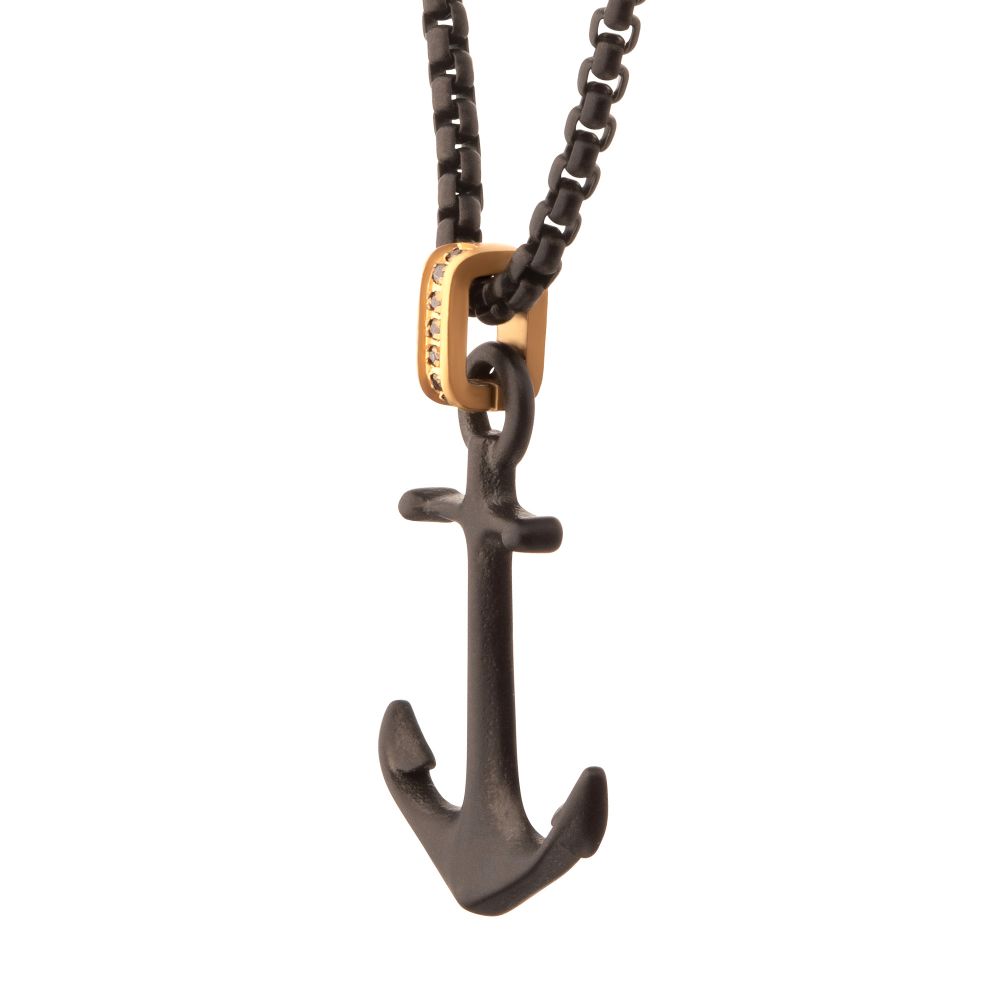 Black IP Steel Matte Finish Kraken Anchor Pendant with Golden Glint of Black Sapphire Bail