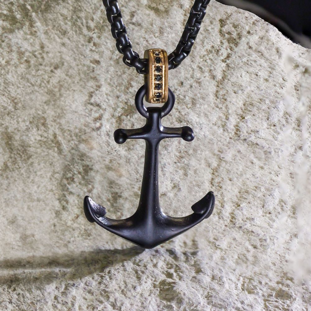 Black IP Steel Matte Finish Kraken Anchor Pendant with Golden Glint of Black Sapphire Bail