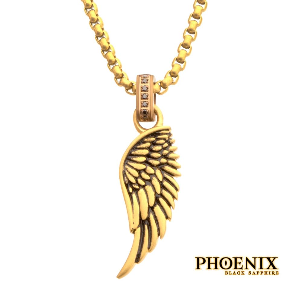 18Kt Gold IP Matte Finish Steel Oxidized Phoenix Pendant with Brown Glint of Black Sapphire Bail
