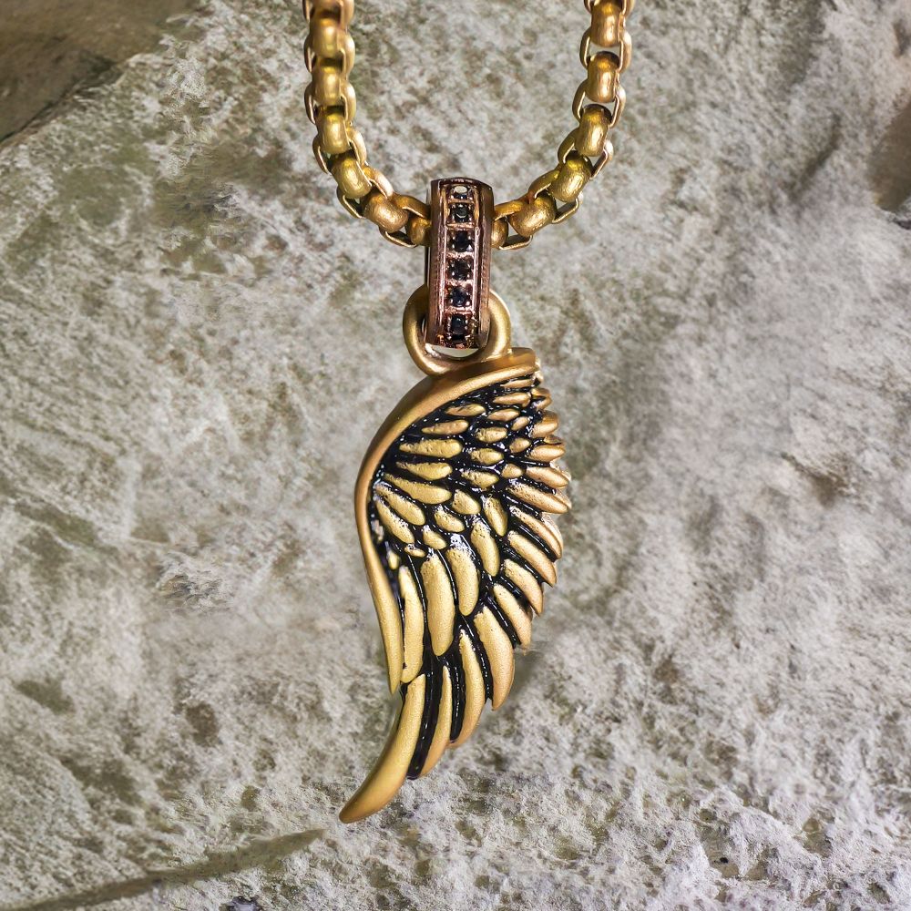 18Kt Gold IP Matte Finish Steel Oxidized Phoenix Pendant with Brown Glint of Black Sapphire Bail