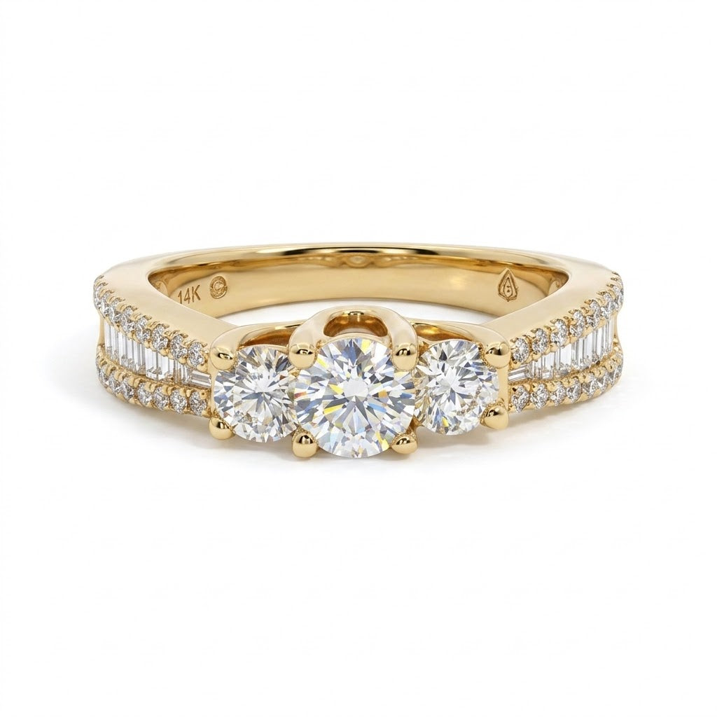 Round Diamond Engagement Ring | 14K Yellow Gold | Three-Stone Diamond Ring | Baguette & Pavé Diamond Accents - Brownee Jewelers