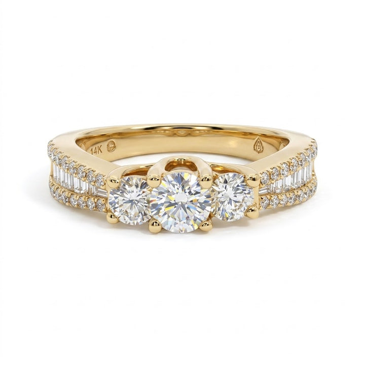 Round Diamond Engagement Ring | 14K Yellow Gold | Three-Stone Diamond Ring | Baguette & Pavé Diamond Accents - Brownee Jewelers