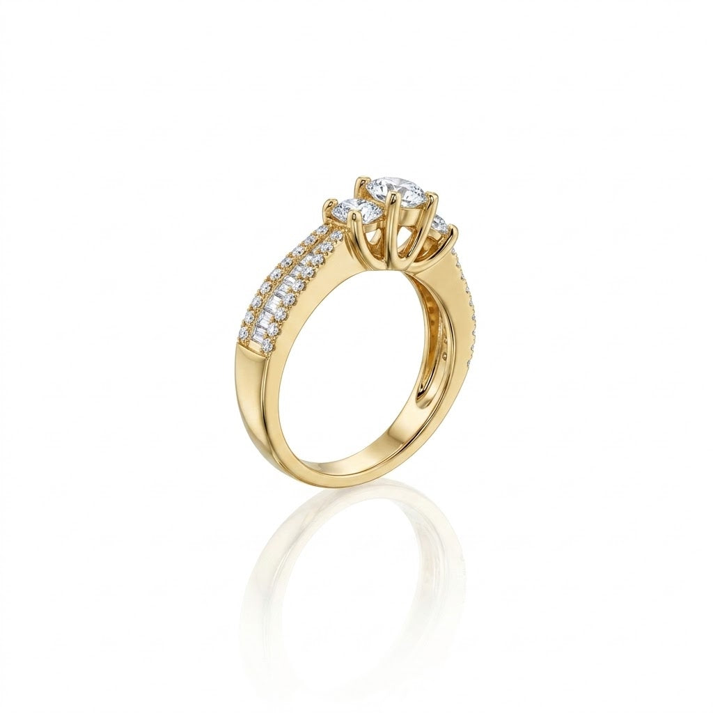 Round Diamond Engagement Ring | 14K Yellow Gold | Three-Stone Diamond Ring | Baguette & Pavé Diamond Accents - Brownee Jewelers