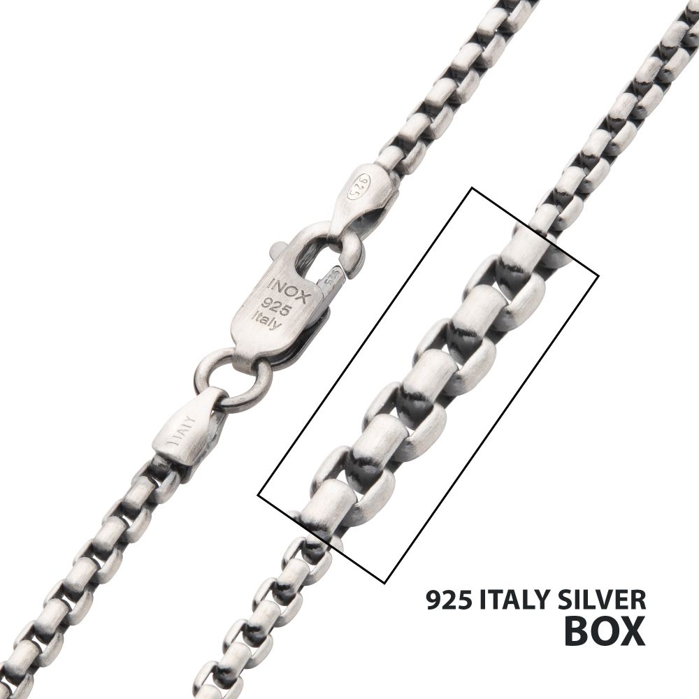 2.6mm 925 Italy Silver Black Rhodium Plated Brushed Satin Finish Box Chain Necklace 22"