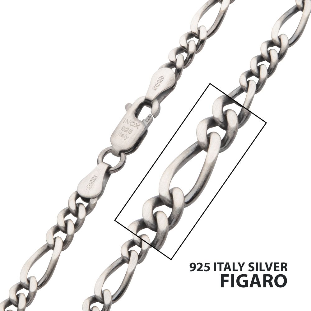 4.3mm 925 Italy Silver Black Rhodium Plated Brushed Satin Finish Figaro Chain Necklace 22"