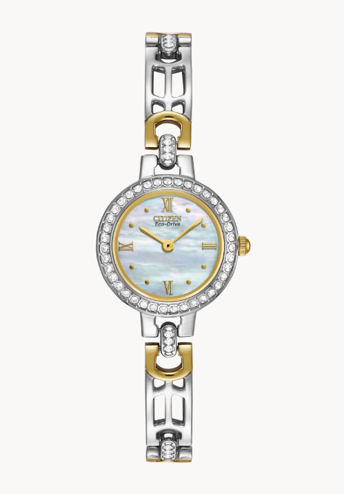 Citizen Silhouette Crystal | Eco-Drive Watch | Two-Tone Stainless Steel | 21mm | Mother of Pearl Dial | EW8464-52D - Brownlee Jewelers