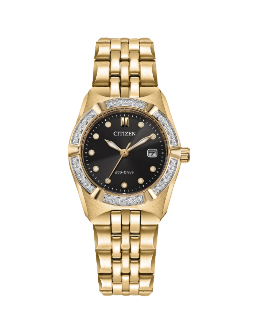 CITIZEN CORSO DIAMOND | LADIES ECO-DRIVE WATCH | GOLD-TONE STAINLESS STEEL | BLACK DIAL | EW2712-55E - Brownee Jewelers